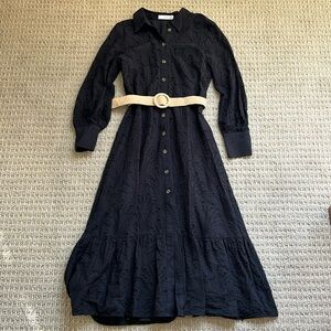 Mango Black Long Sleeve Eyelet Midi Dress